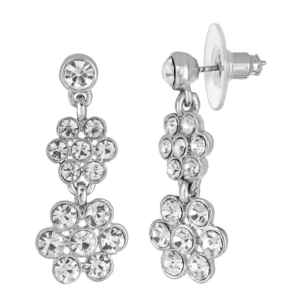 1928 Jewelry Clear Crystal Flowers Double Drop Silver Plated Post Earrings NWT